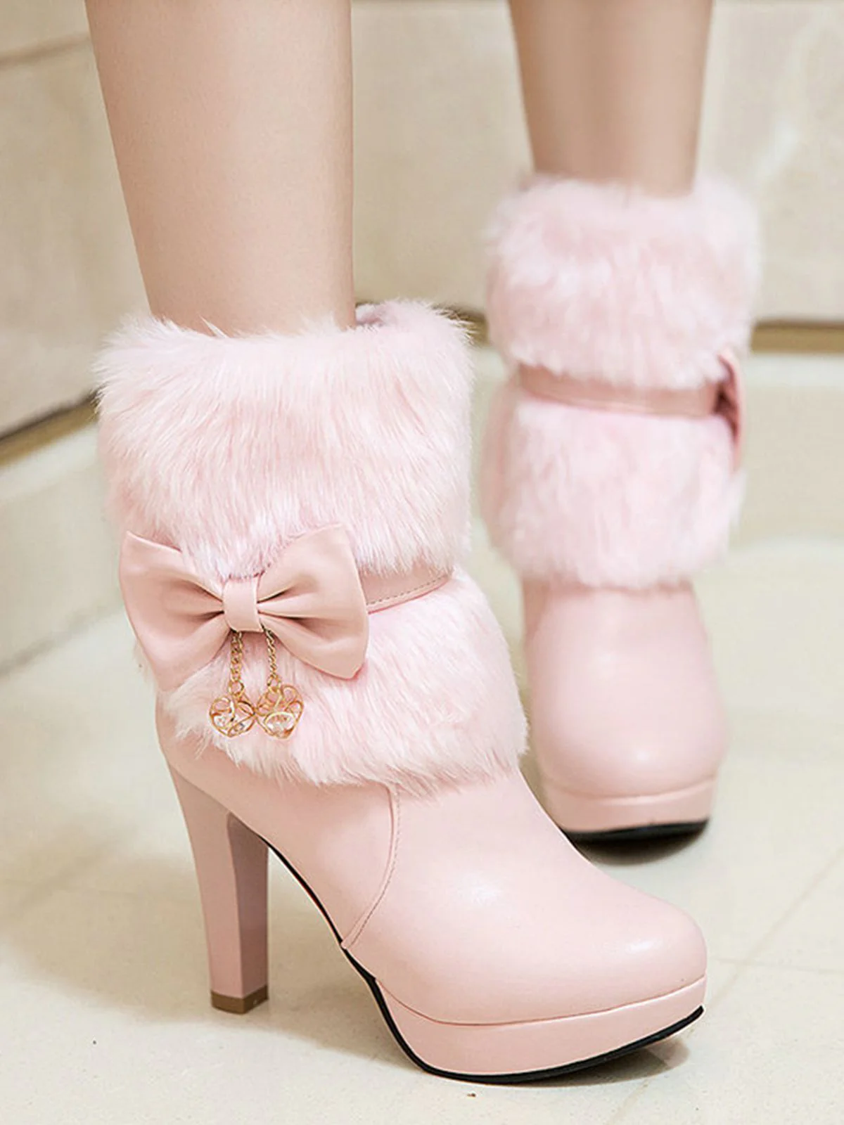 Retro Solid Furry Chunky Heel Short Boots - Image 9