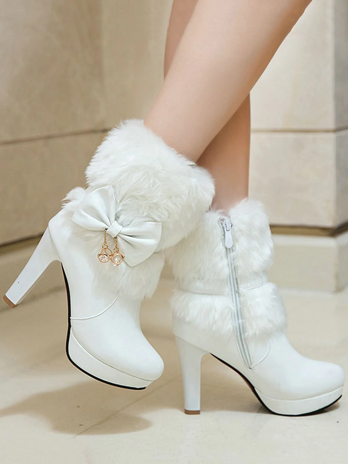 Retro Solid Furry Chunky Heel Short Boots - Image 2