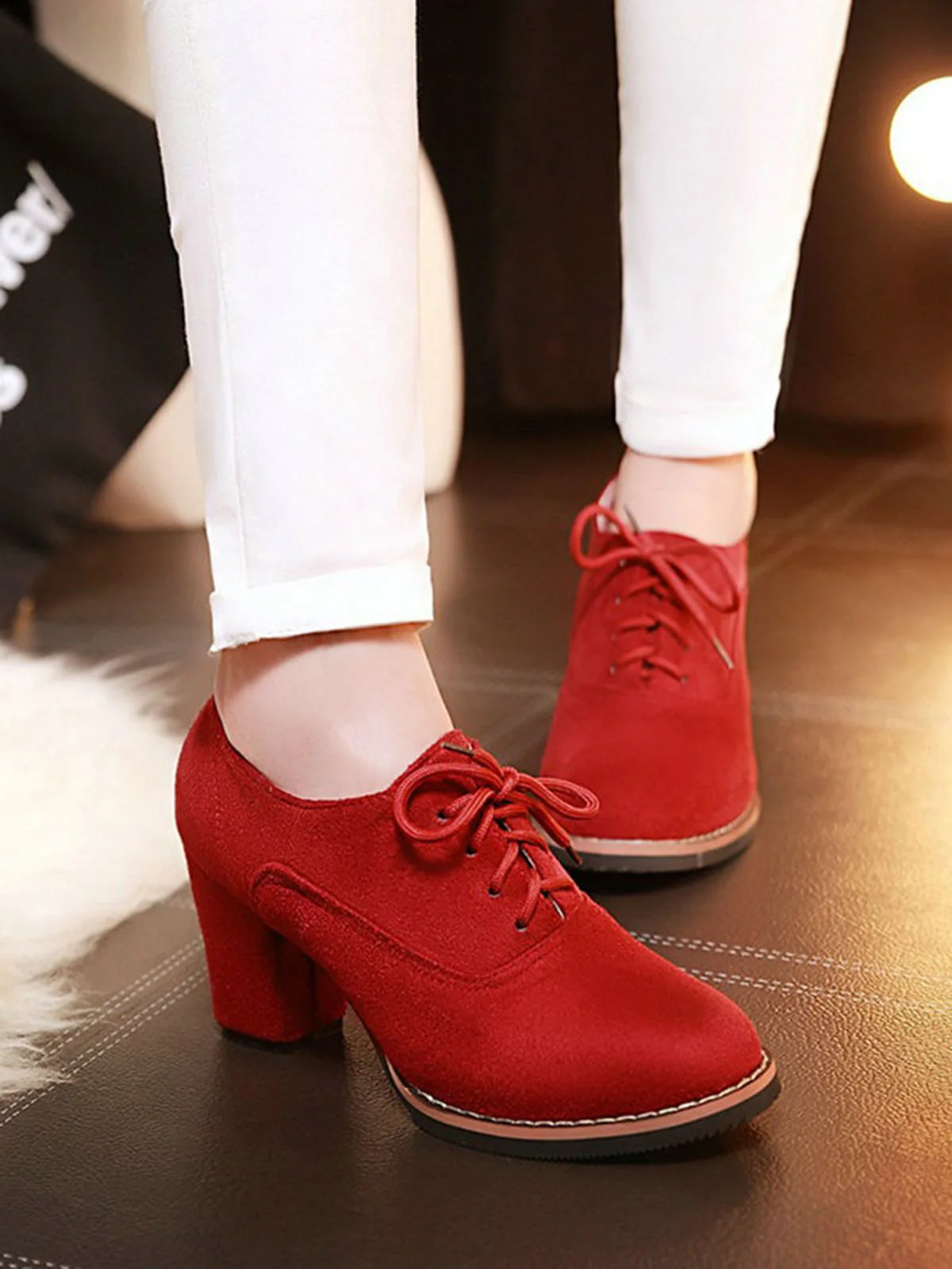 Retro Solid Lace-up Thick Heel Shoes - Image 7