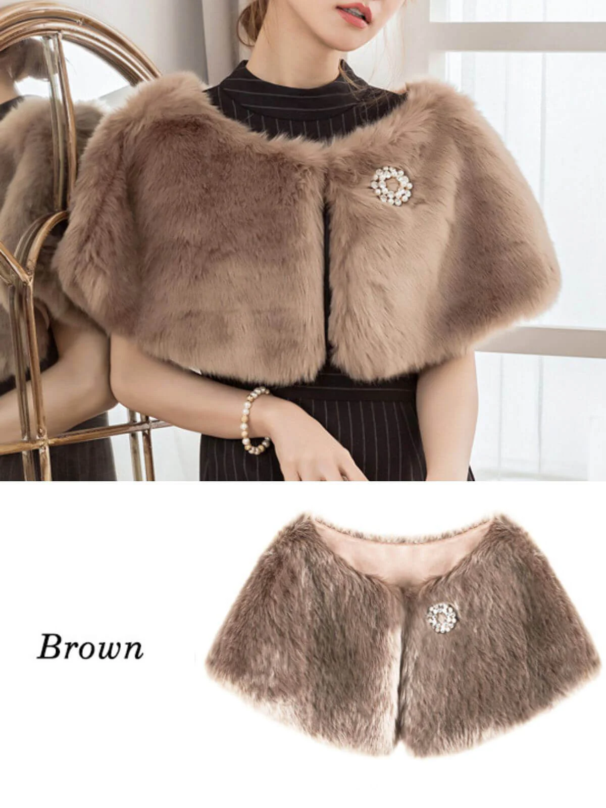 Retro Solid Rhinestone Cape With Brooch - Image 4