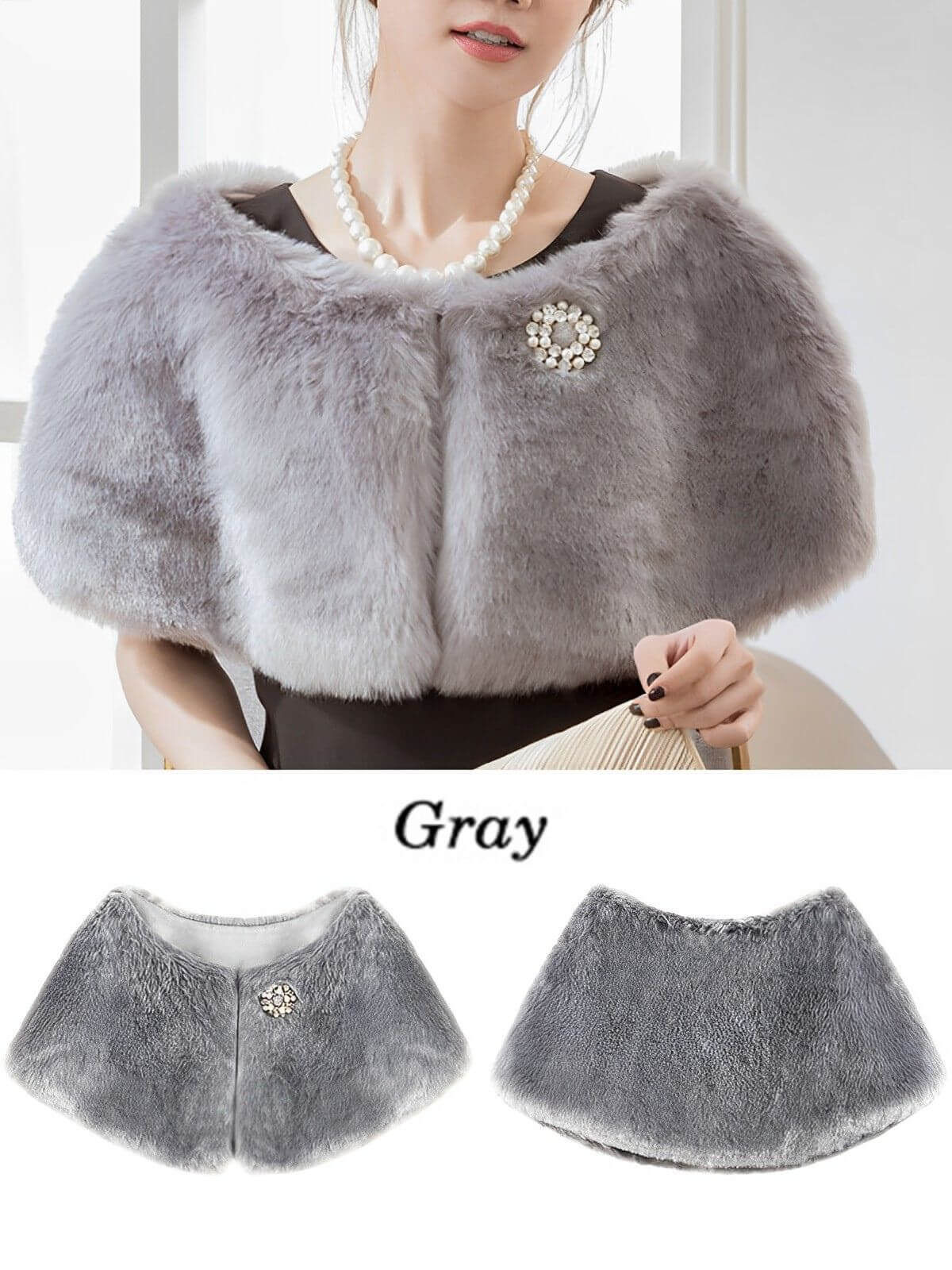 Retro Solid Rhinestone Cape With Brooch - Image 5