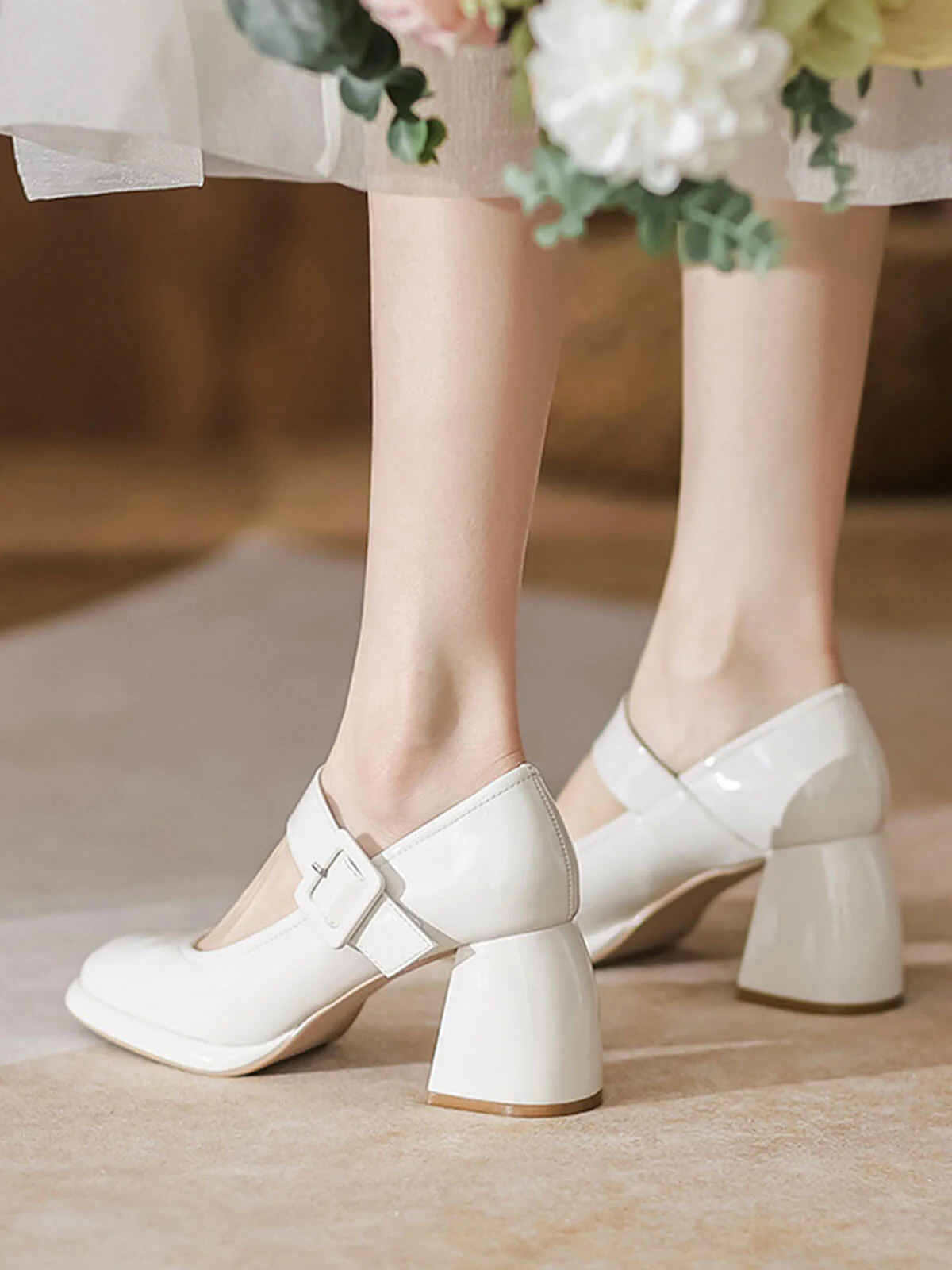 Retro Square-Toe High Heel Leather Shoes - Image 2