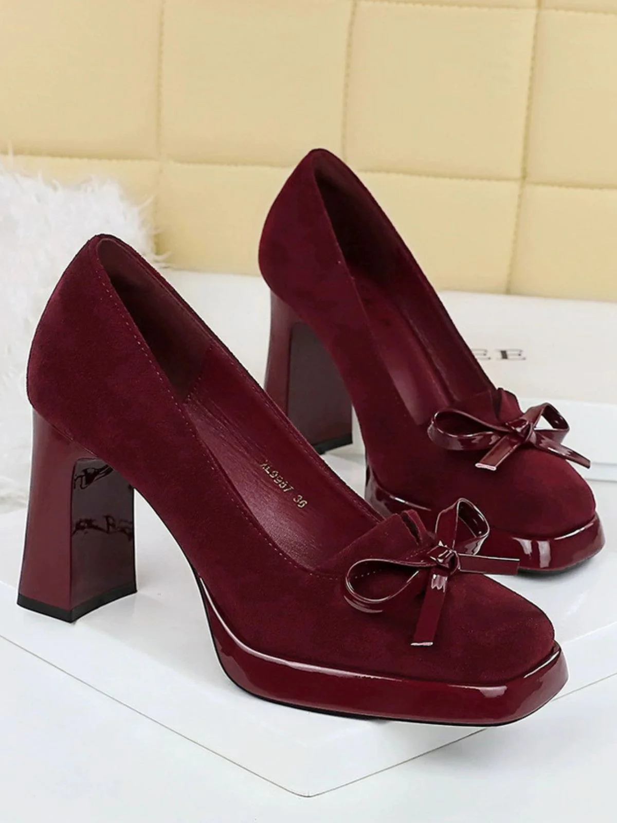 Retro Suede Bowknot Chunky High Heels - Image 2