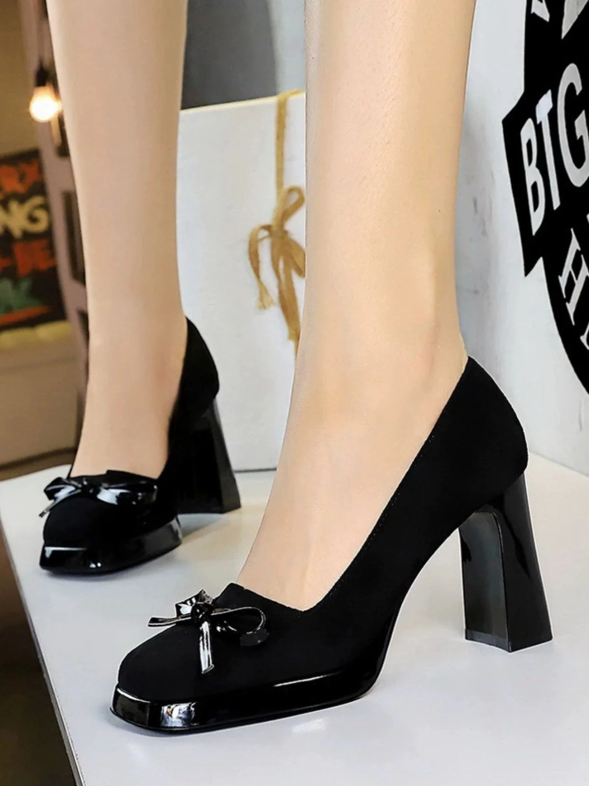 Retro Suede Bowknot Chunky High Heels - Image 6