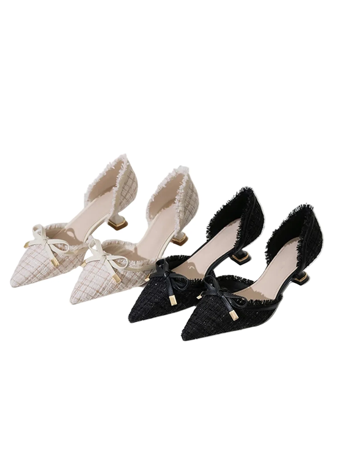 Retro Tweed Bow Kitten Pointed Heels - Image 2
