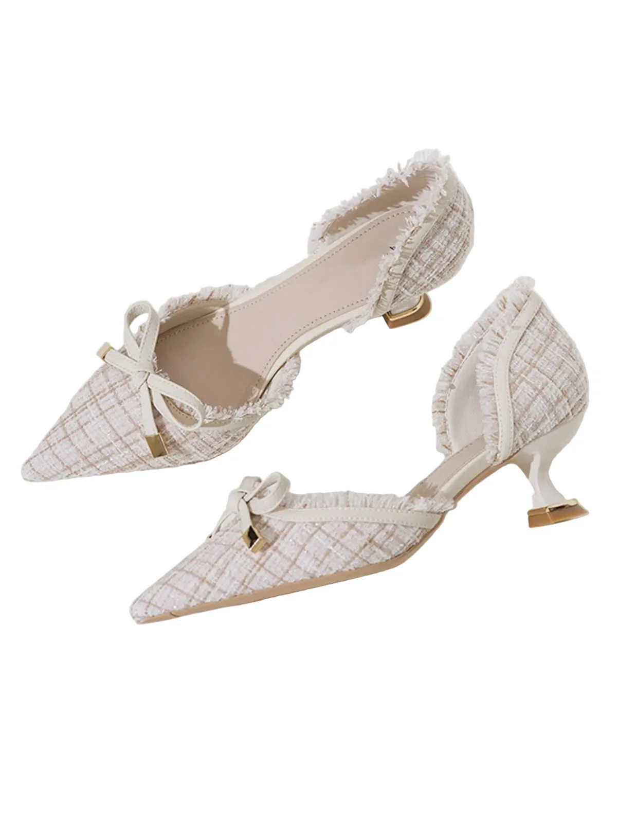 Retro Tweed Bow Kitten Pointed Heels - Image 3