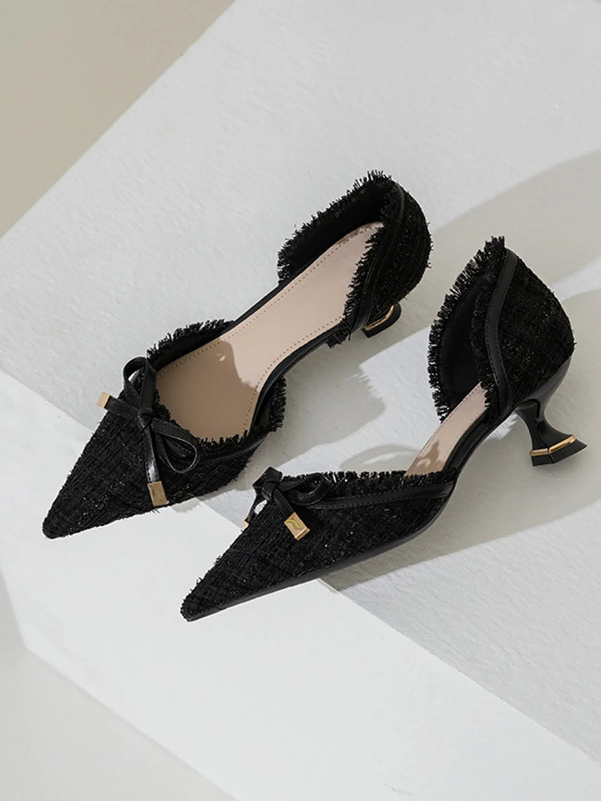 Retro Tweed Bow Kitten Pointed Heels - Image 7