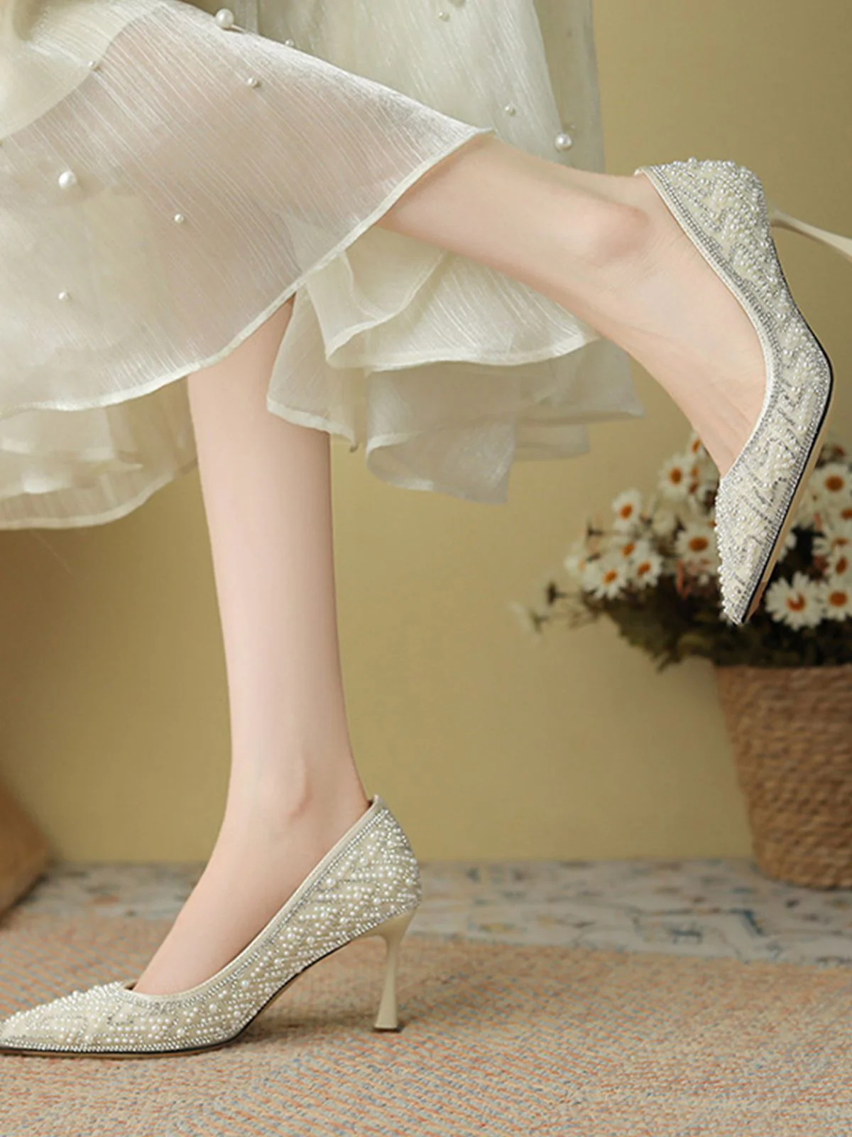 Rhinestone Pearl Pointed Toe Stilettos Shoes - Image 3