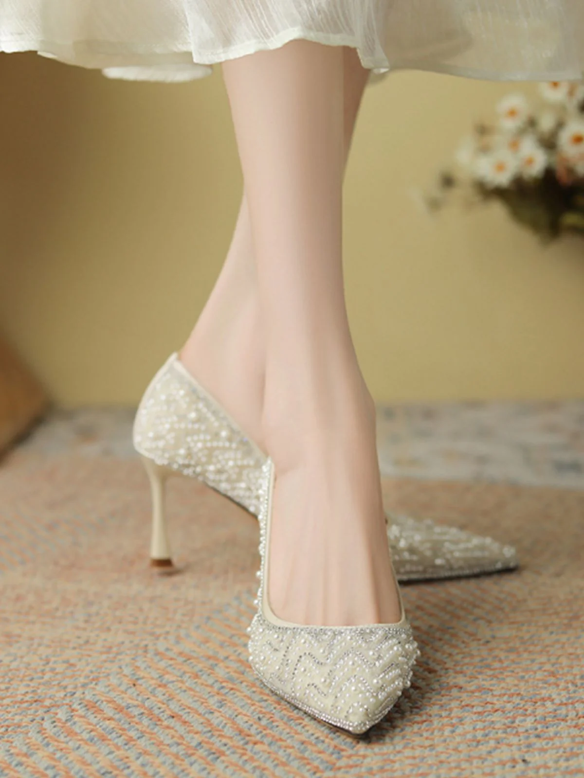 Rhinestone Pearl Pointed Toe Stilettos Shoes - Image 5