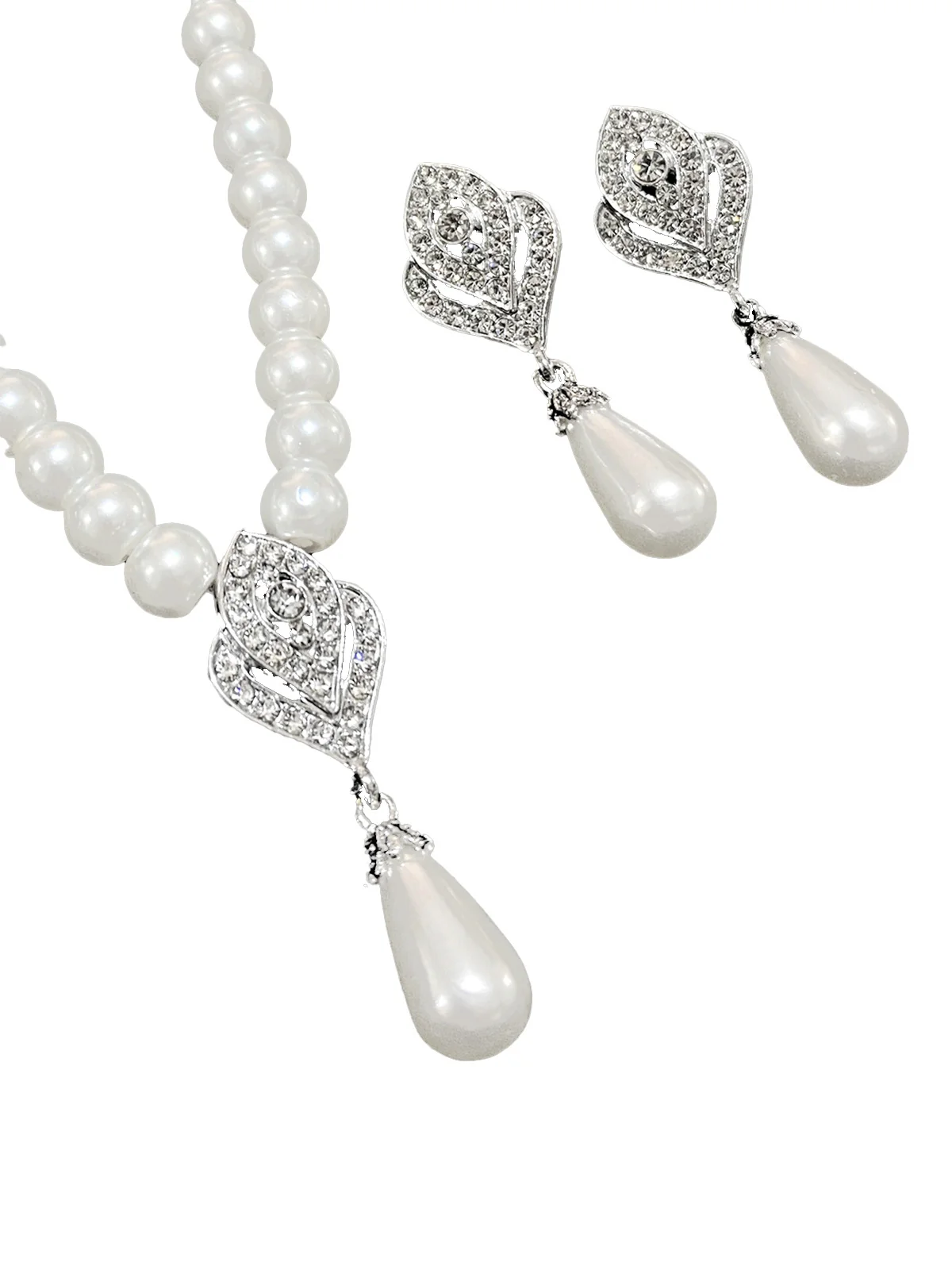 Rhinestoned Imitation Pearl Necklace & Earrings Set - Image 3