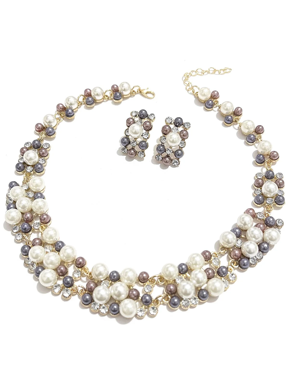 Rhinestoned Imitation Pearl Necklace & Earrings Set - Image 2