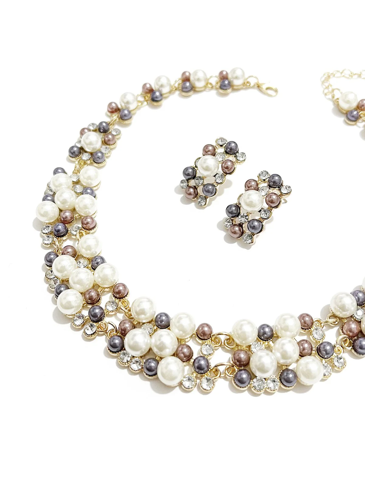 Rhinestoned Imitation Pearl Necklace & Earrings Set - Image 3