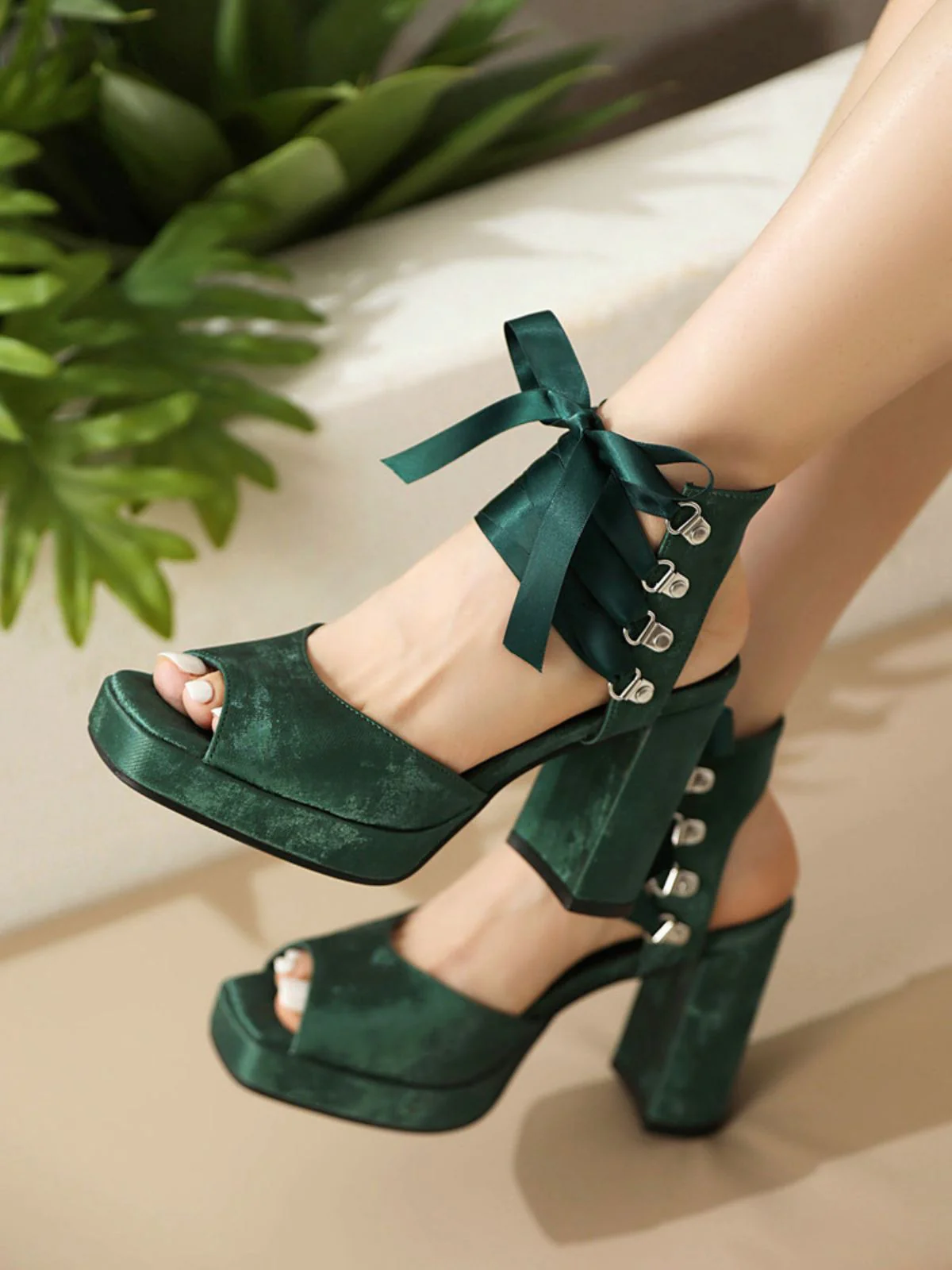 Ribbon Bow Lace-Up Chunky Heel Sandals - Image 10