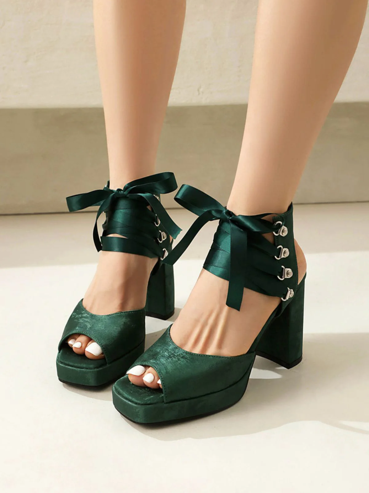 Ribbon Bow Lace-Up Chunky Heel Sandals - Image 11