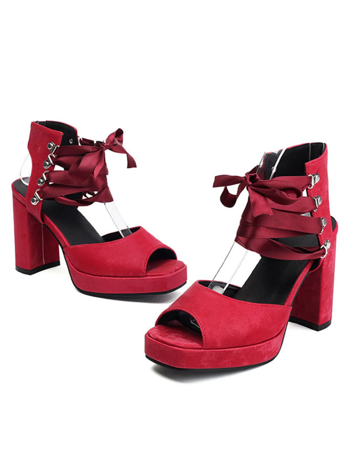 Ribbon Bow Lace-Up Chunky Heel Sandals - Image 12