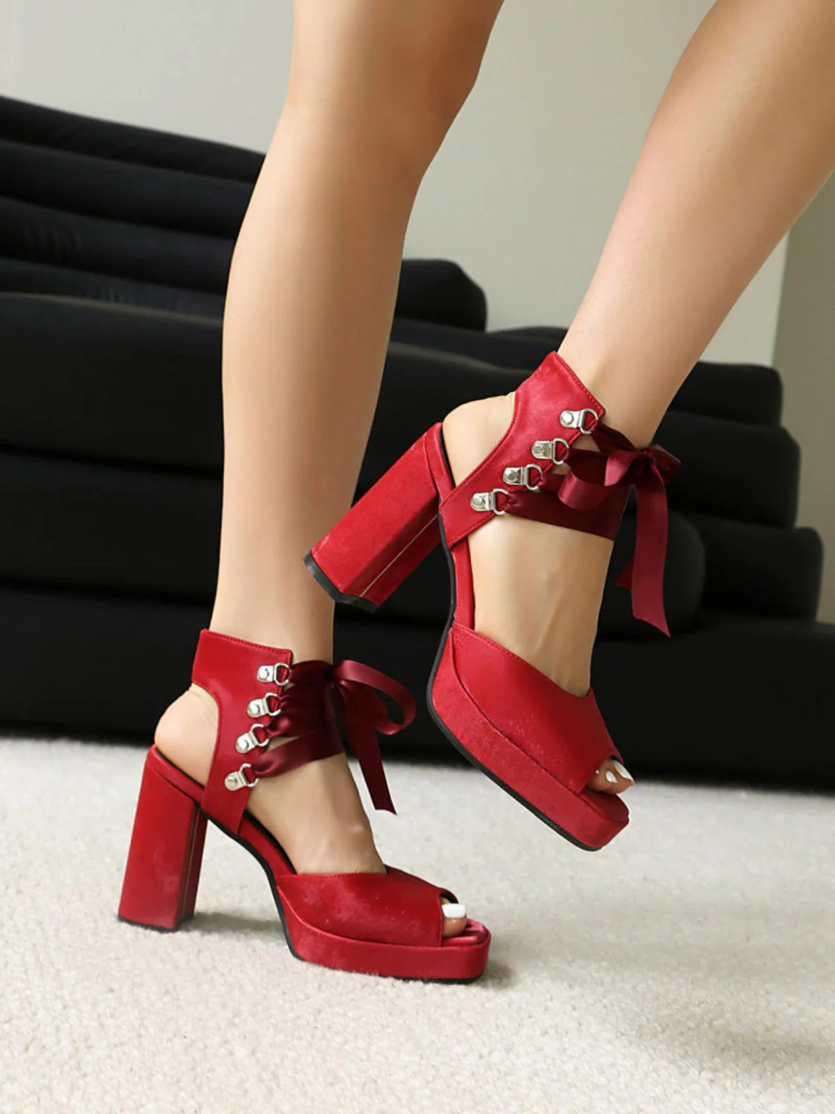 Ribbon Bow Lace-Up Chunky Heel Sandals - Image 13