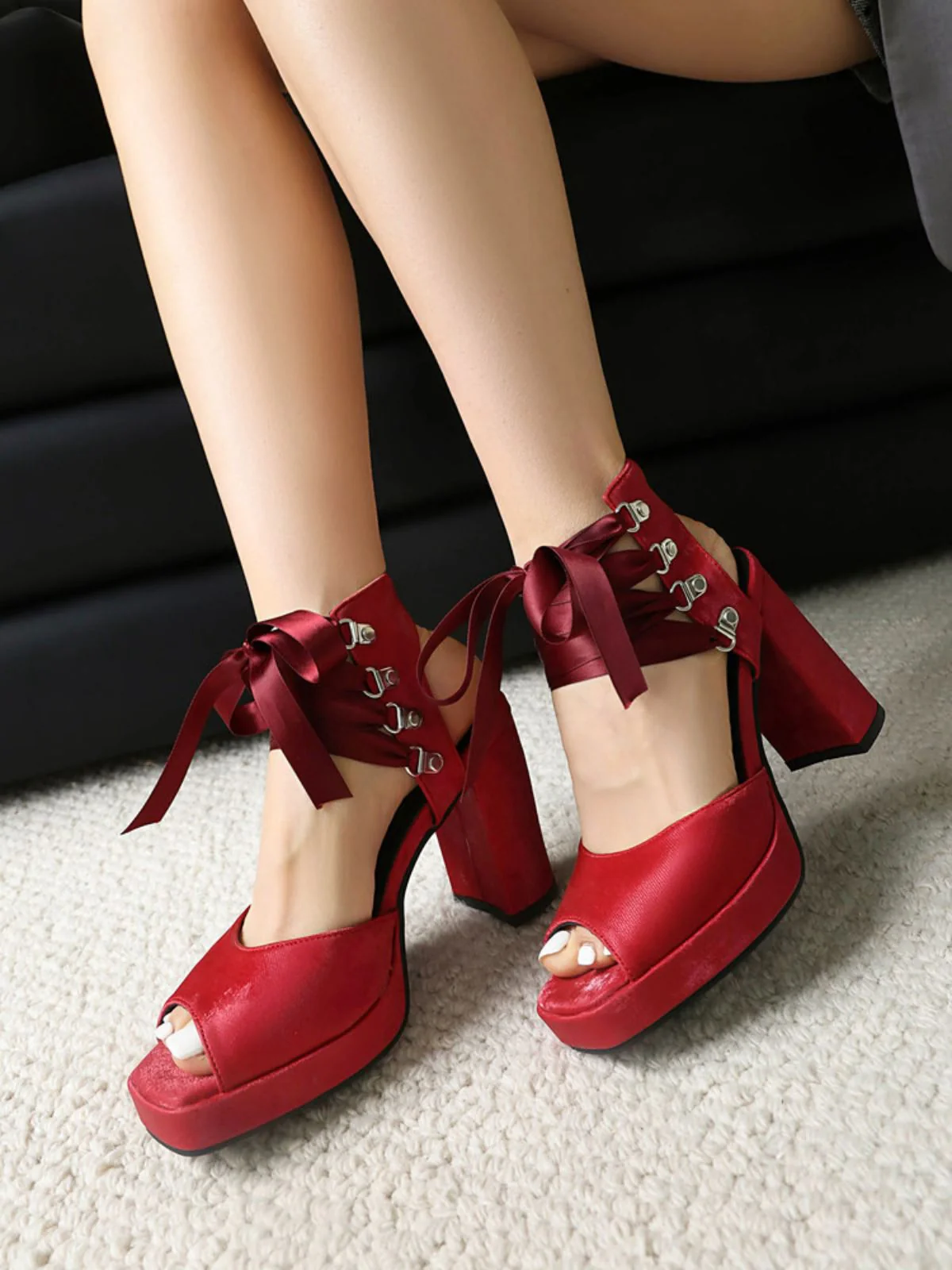 Ribbon Bow Lace-Up Chunky Heel Sandals - Image 14