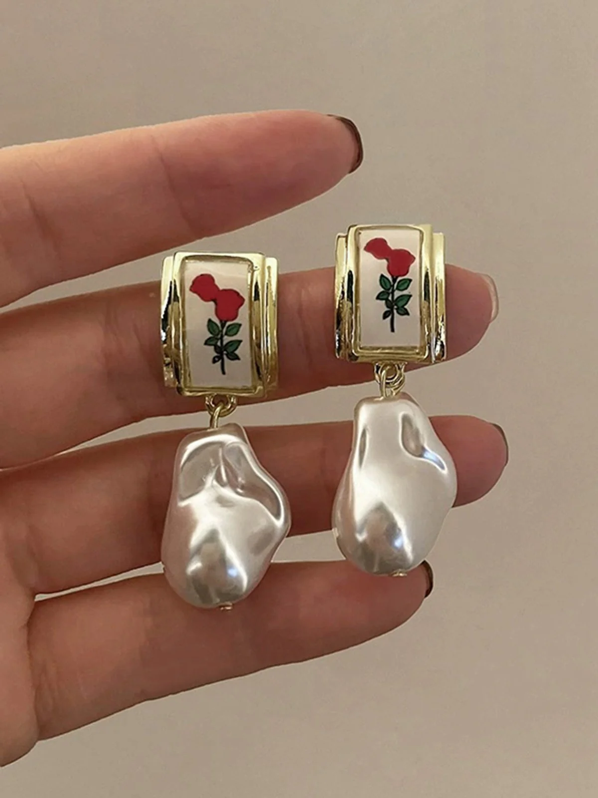 Rose Baroque Pearl Pendant Earrings - Image 2