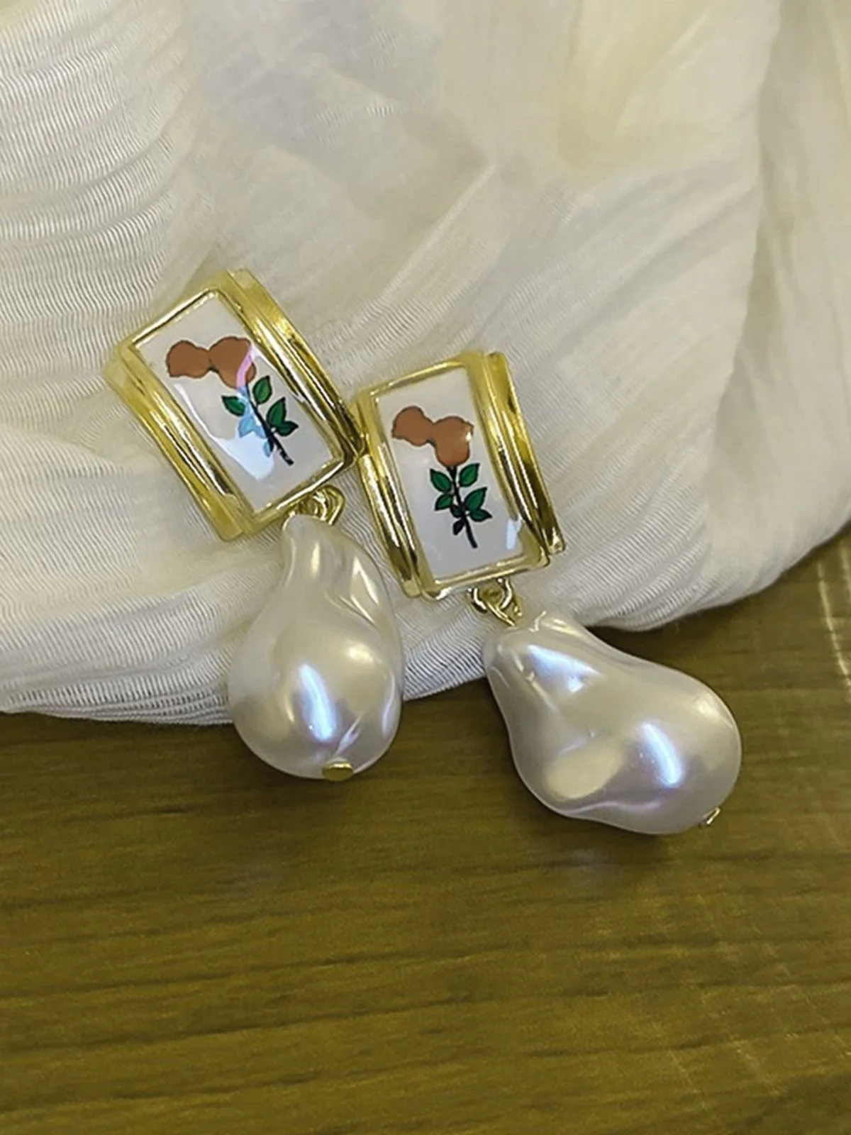 Rose Baroque Pearl Pendant Earrings - Image 3
