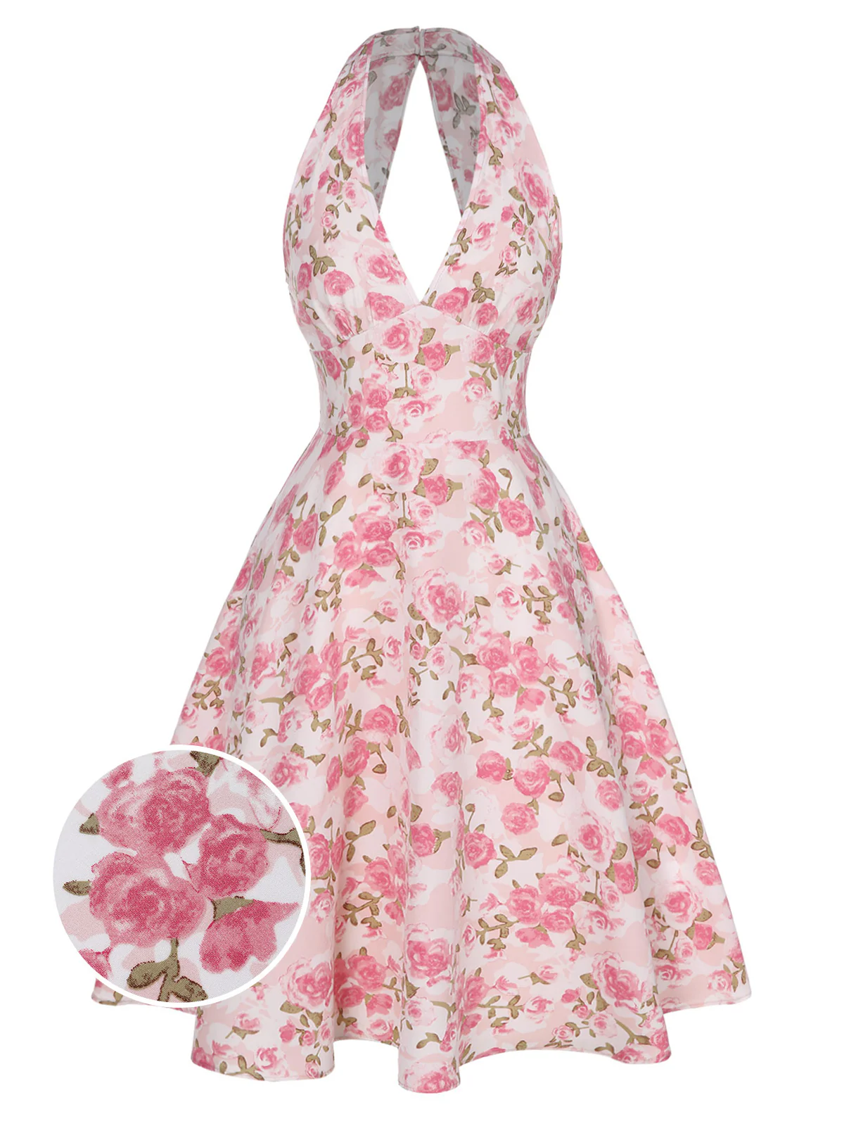 [Pre-Sale] Rose Pink 1950s Floral V-Neck Dress - Image 2