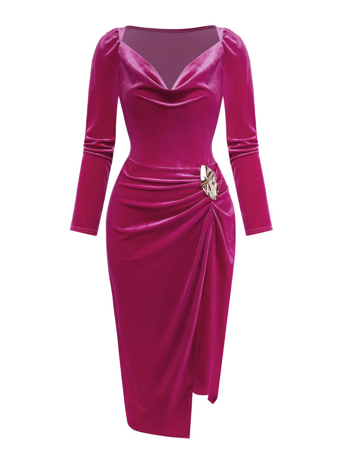 Rose Pink 1960s Cowl Neck Velvet Slit Dress - Image 2