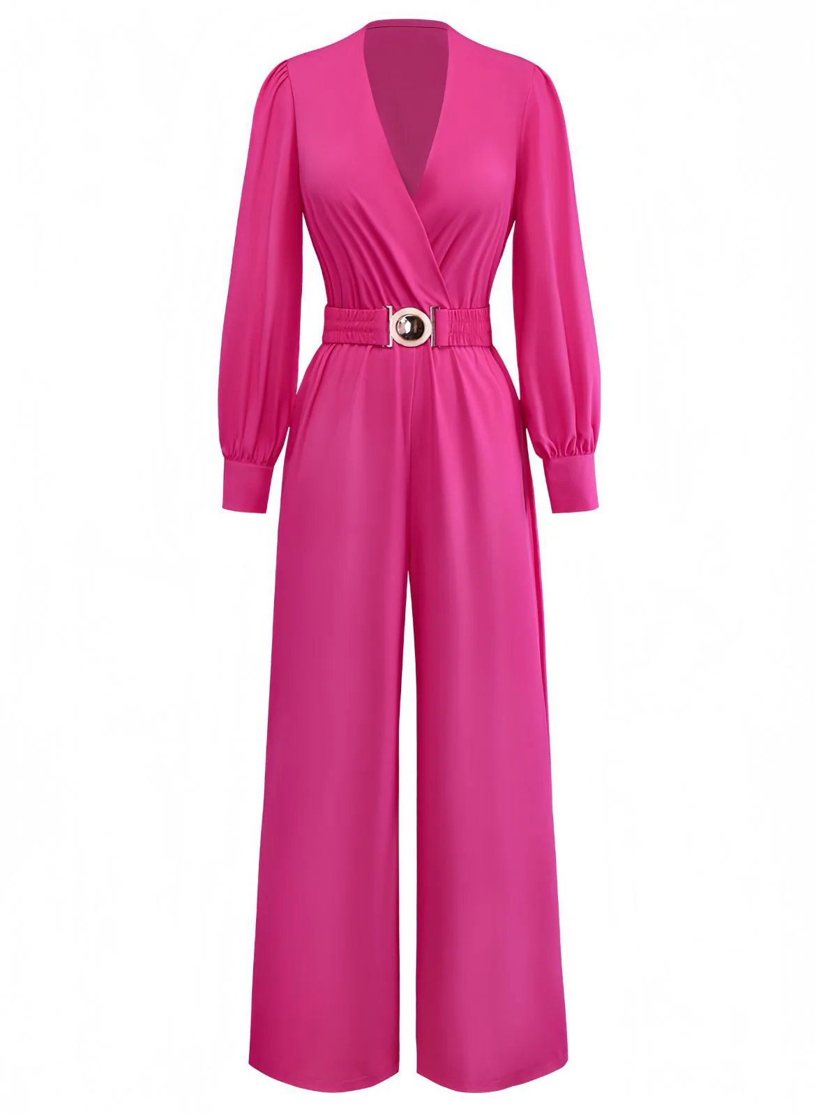 Rose Pink 1960s Deep V Belted Lantern Sleeve Solid Jumpsuit - Image 2