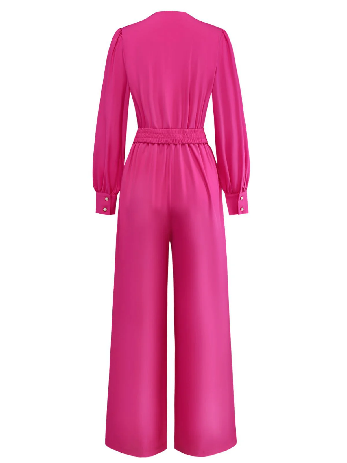 Rose Pink 1960s Deep V Belted Lantern Sleeve Solid Jumpsuit - Image 3