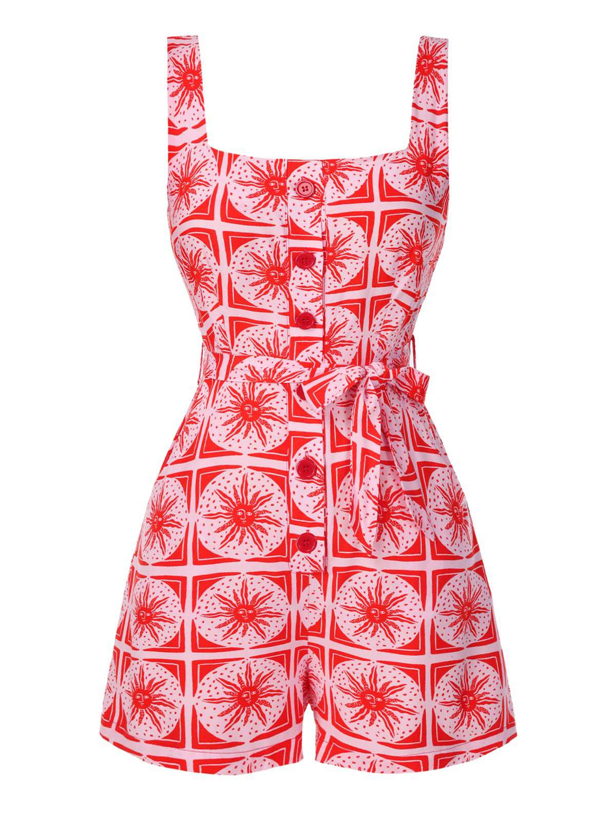 Rose Pink 1970s Boho Sun Print Button Romper - Image 2