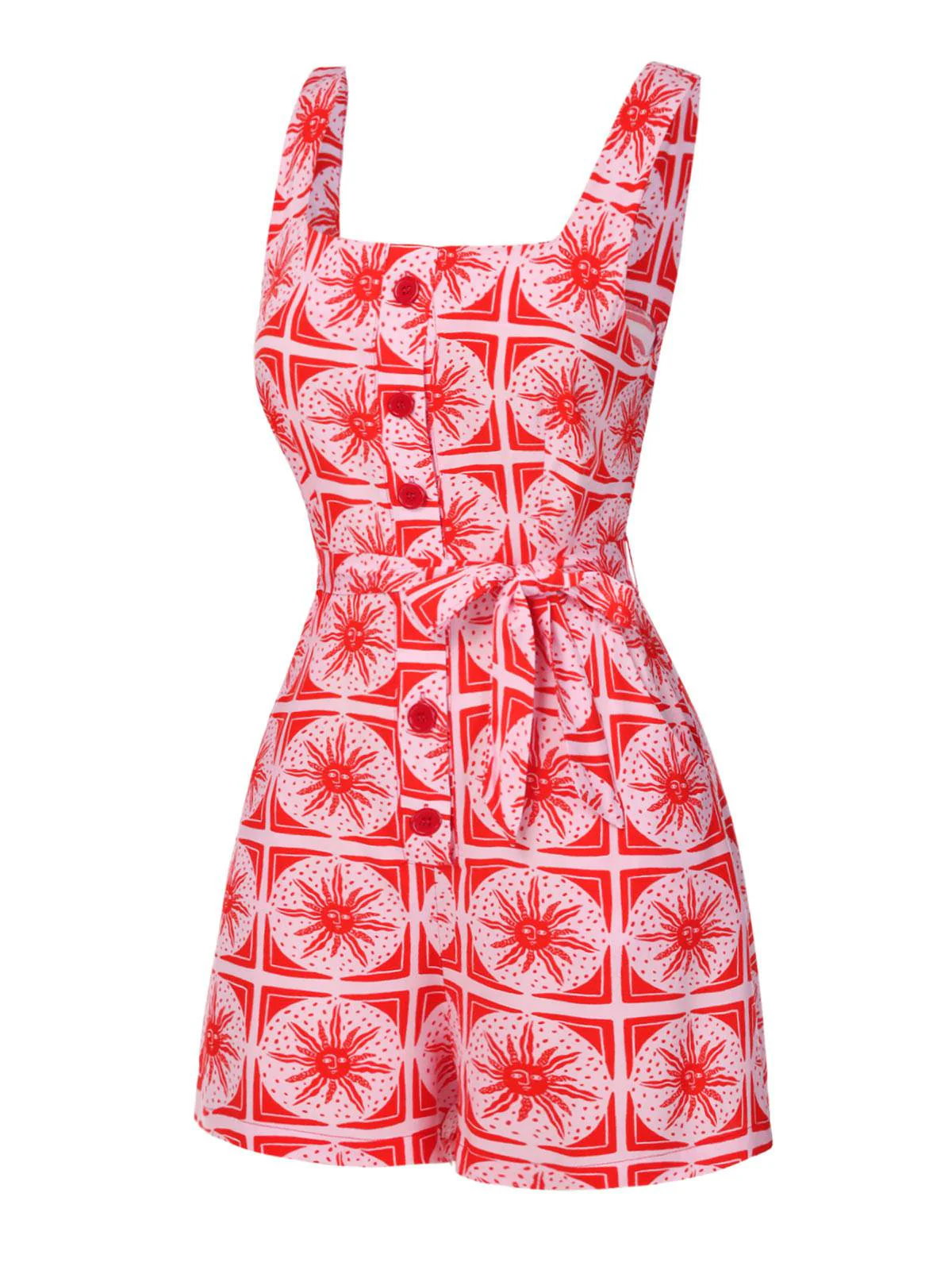 Rose Pink 1970s Boho Sun Print Button Romper - Image 3