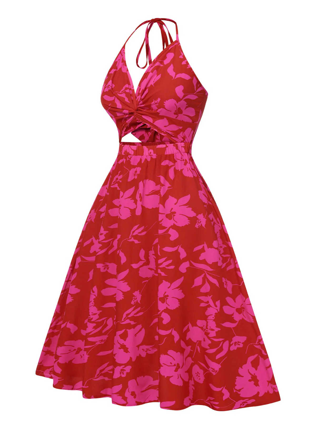 Rose Red 1930s Halter Hollow Floral Dress - Image 2