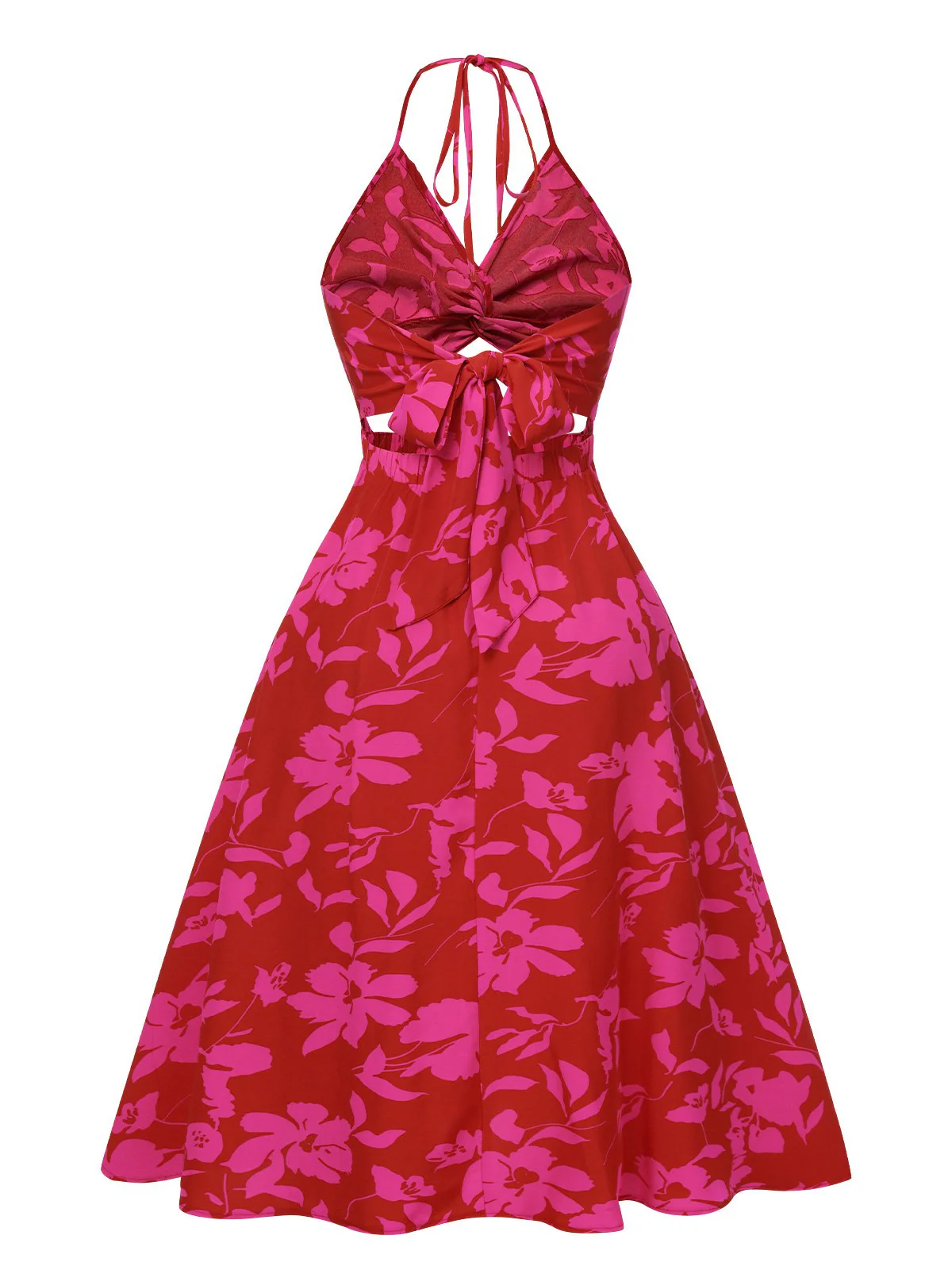 Rose Red 1930s Halter Hollow Floral Dress - Image 3