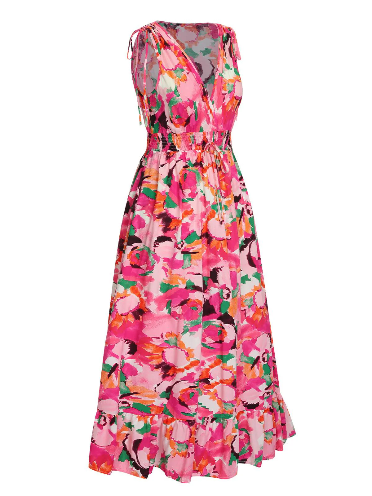 Rose Red 1940s Floral V-Neck Elastic Waist Dress - Image 2