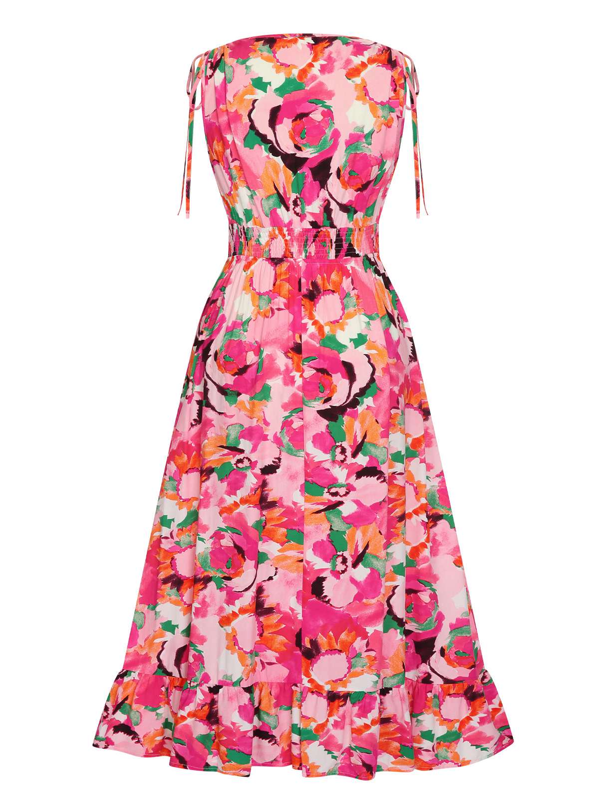 Rose Red 1940s Floral V-Neck Elastic Waist Dress - Image 3