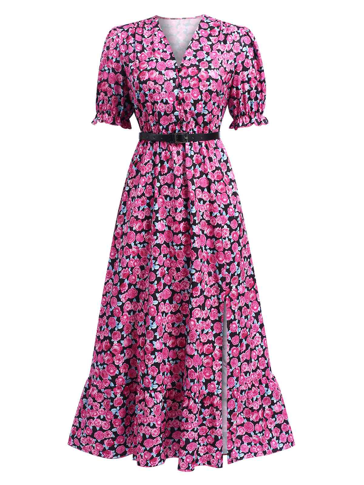 Rose Red 1940s Slit Roses V-Neck Dress - Image 2