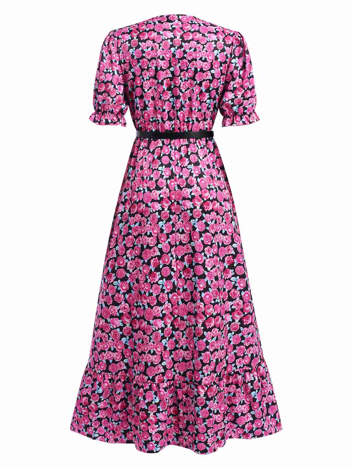 Rose Red 1940s Slit Roses V-Neck Dress - Image 3