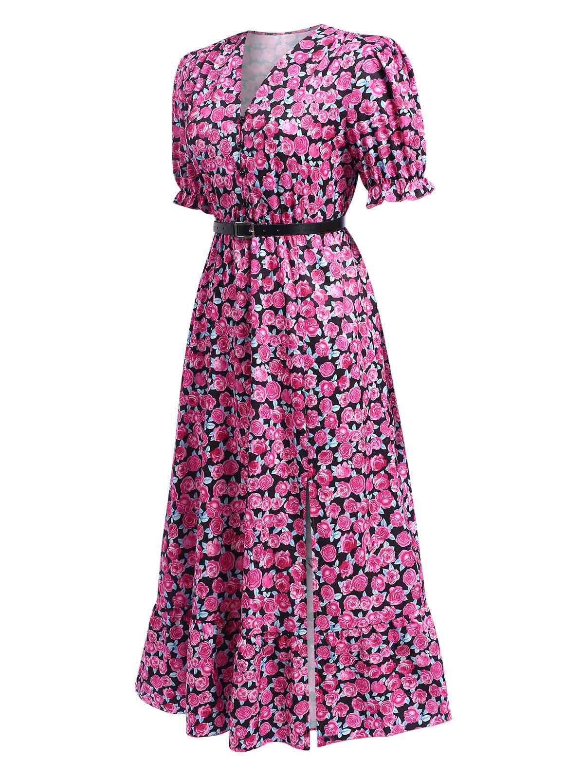 Rose Red 1940s Slit Roses V-Neck Dress - Image 4
