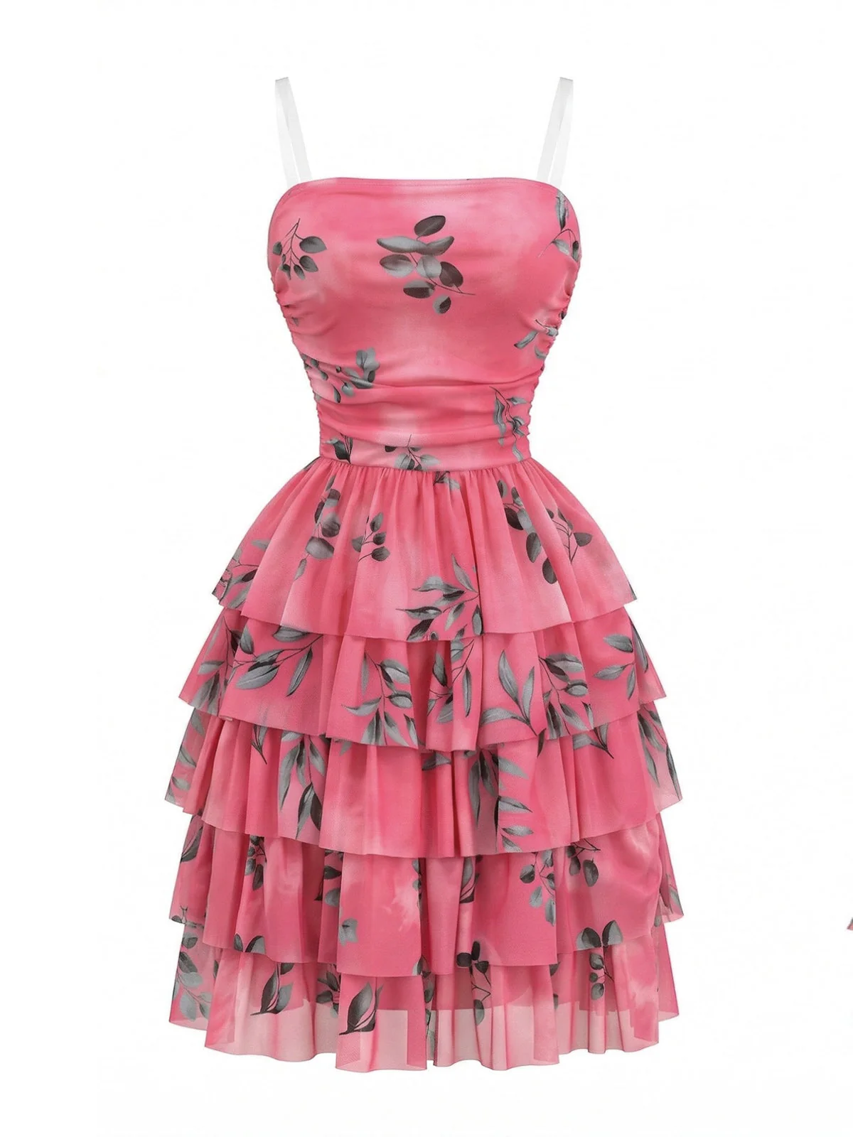 Rose Red 1950s Leaf Print Ruched Tiered Mesh Dress - Image 2