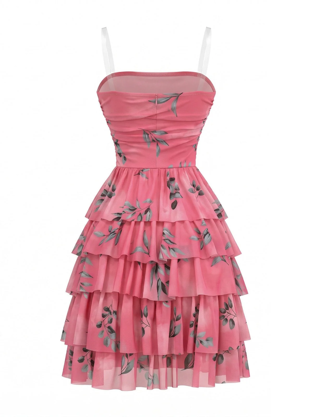 Rose Red 1950s Leaf Print Ruched Tiered Mesh Dress - Image 3