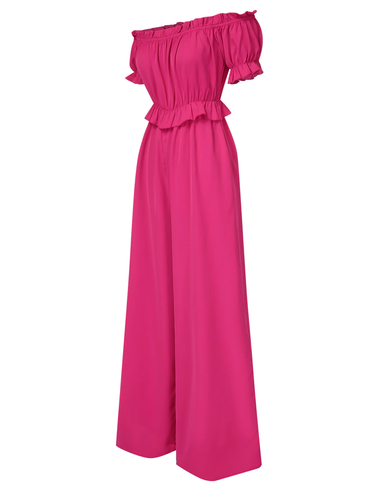 Rose Red 1950s Off-Shoulder Ruffles Solid Jumpsuit - Image 2