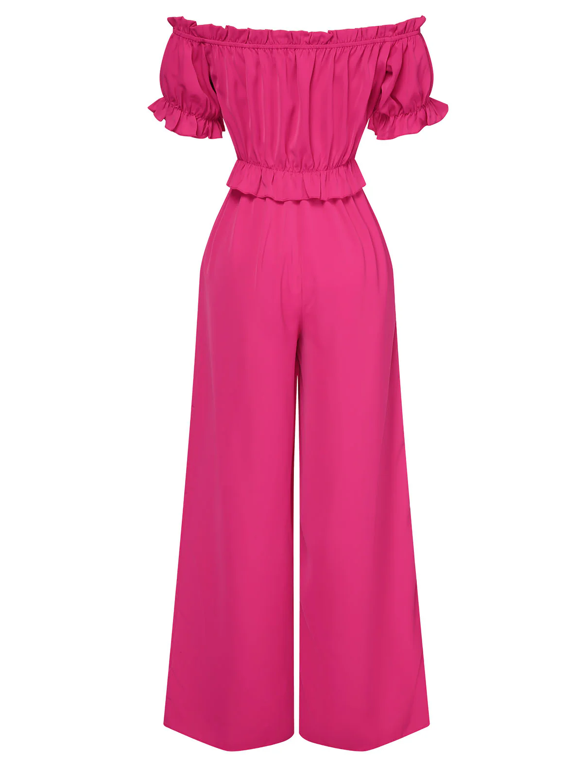 Rose Red 1950s Off-Shoulder Ruffles Solid Jumpsuit - Image 3