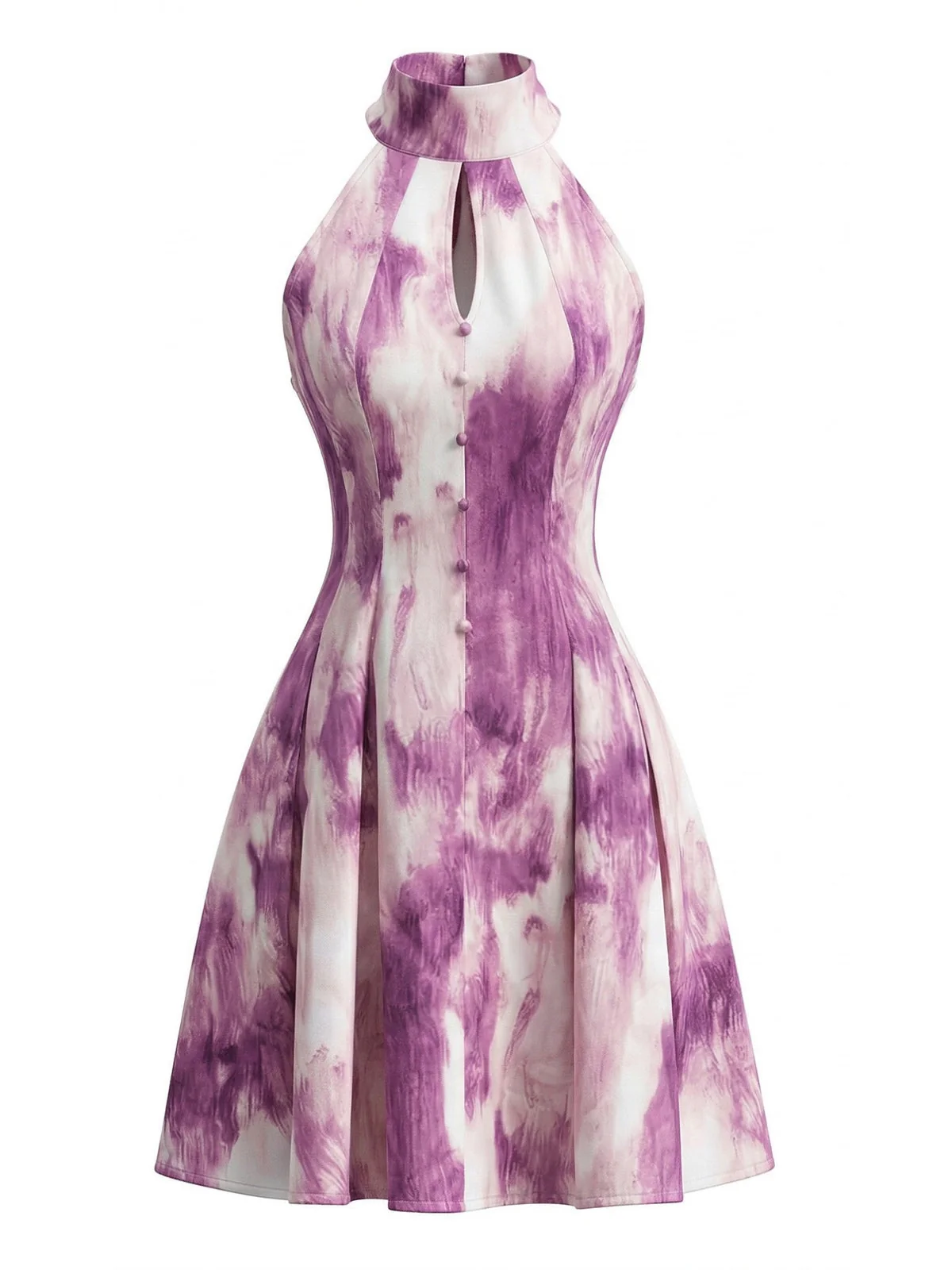 Rose Violet 1930s Tie-Dye Halter Button Flared Dress - Image 3