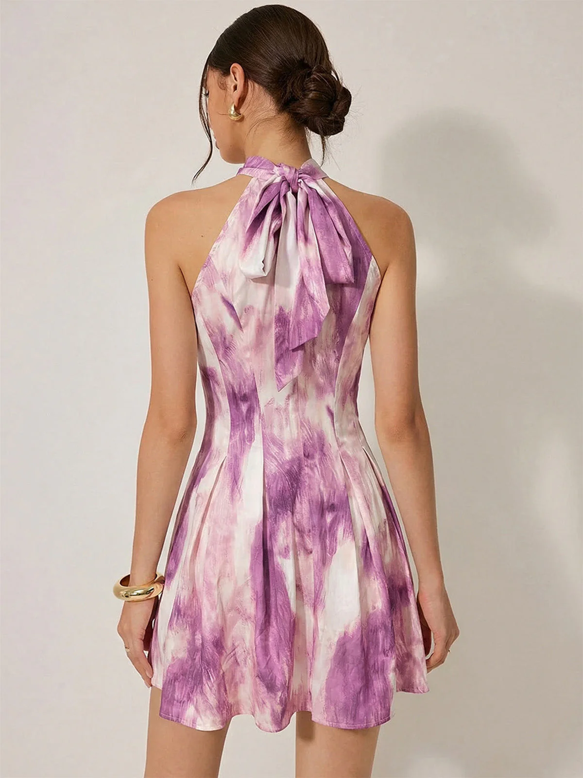 Rose Violet 1930s Tie-Dye Halter Button Flared Dress - Image 4