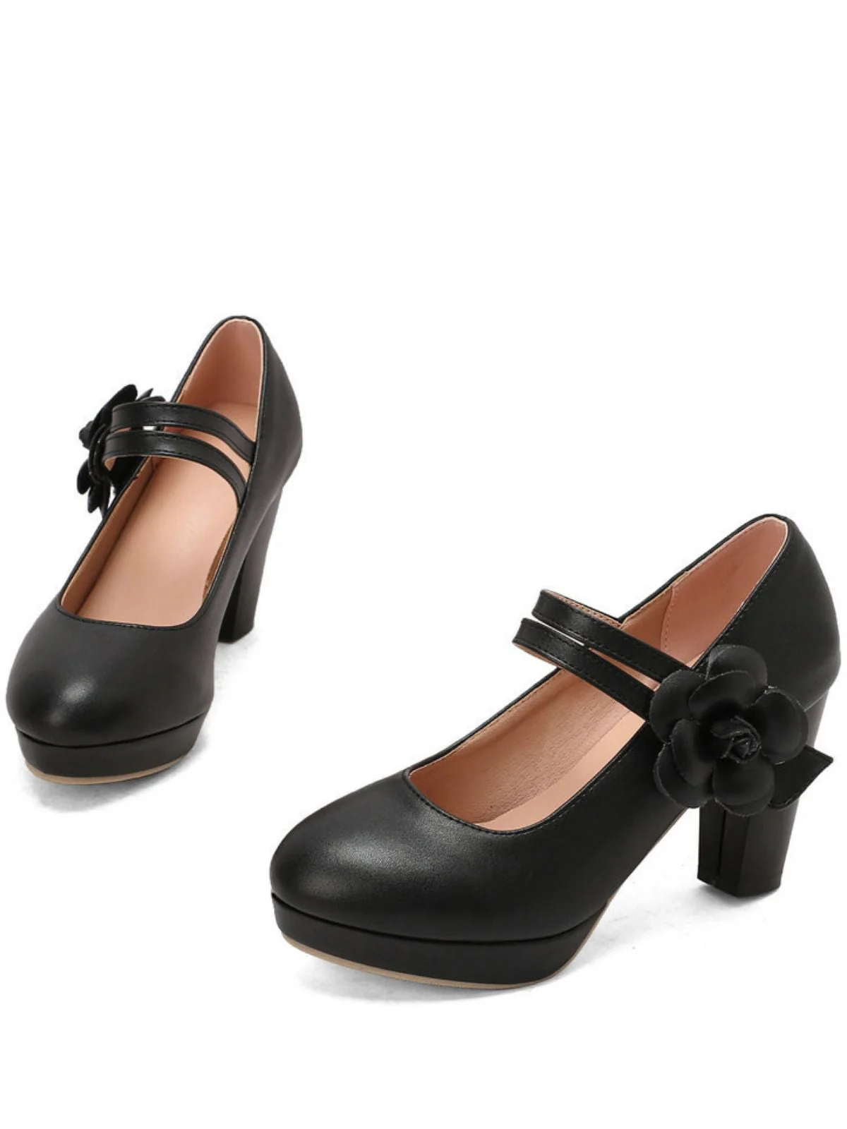 Round Toe Chunky Heel Flower Mary Jane Heels - Image 2