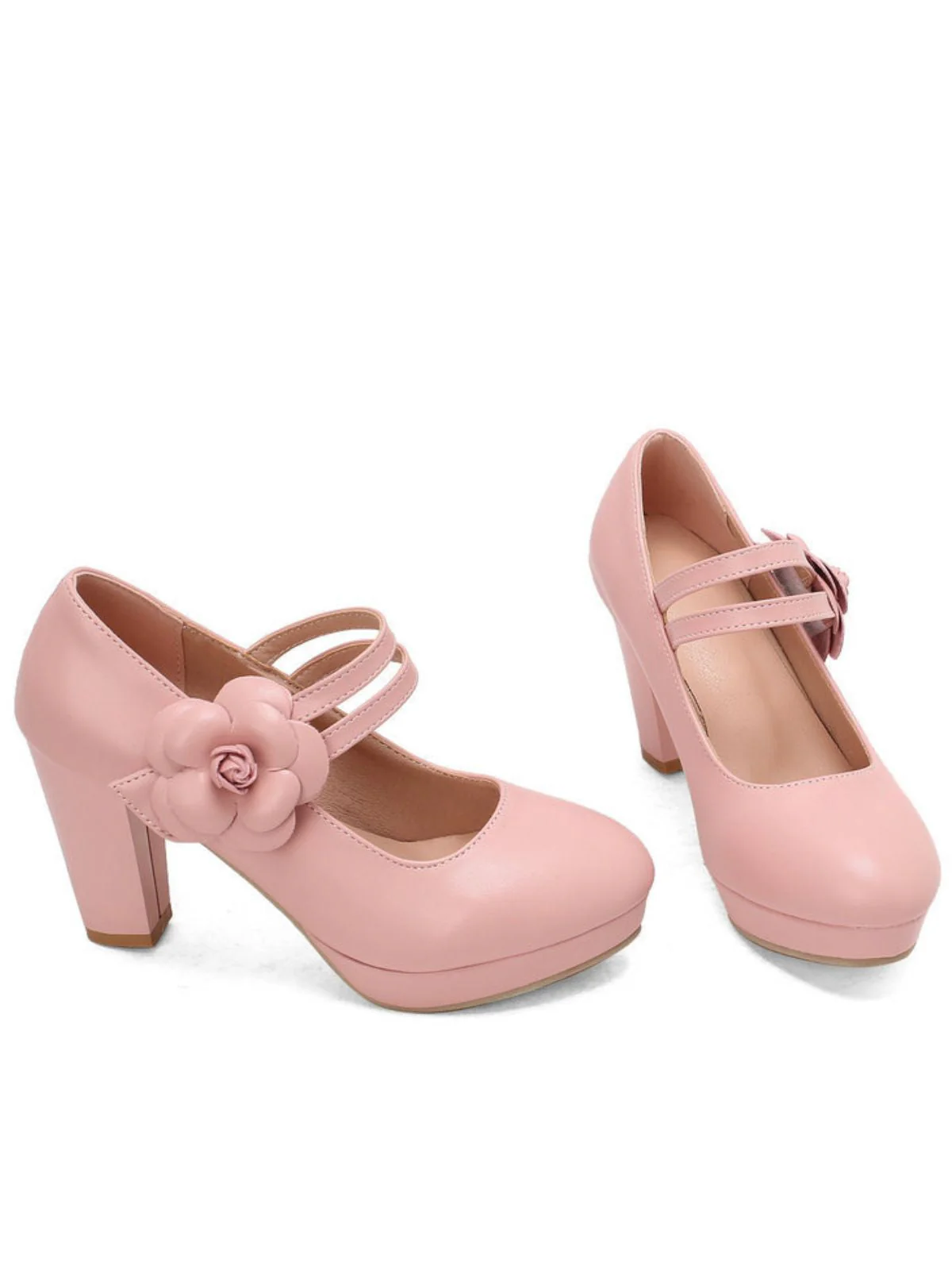 Round Toe Chunky Heel Flower Mary Jane Heels - Image 4