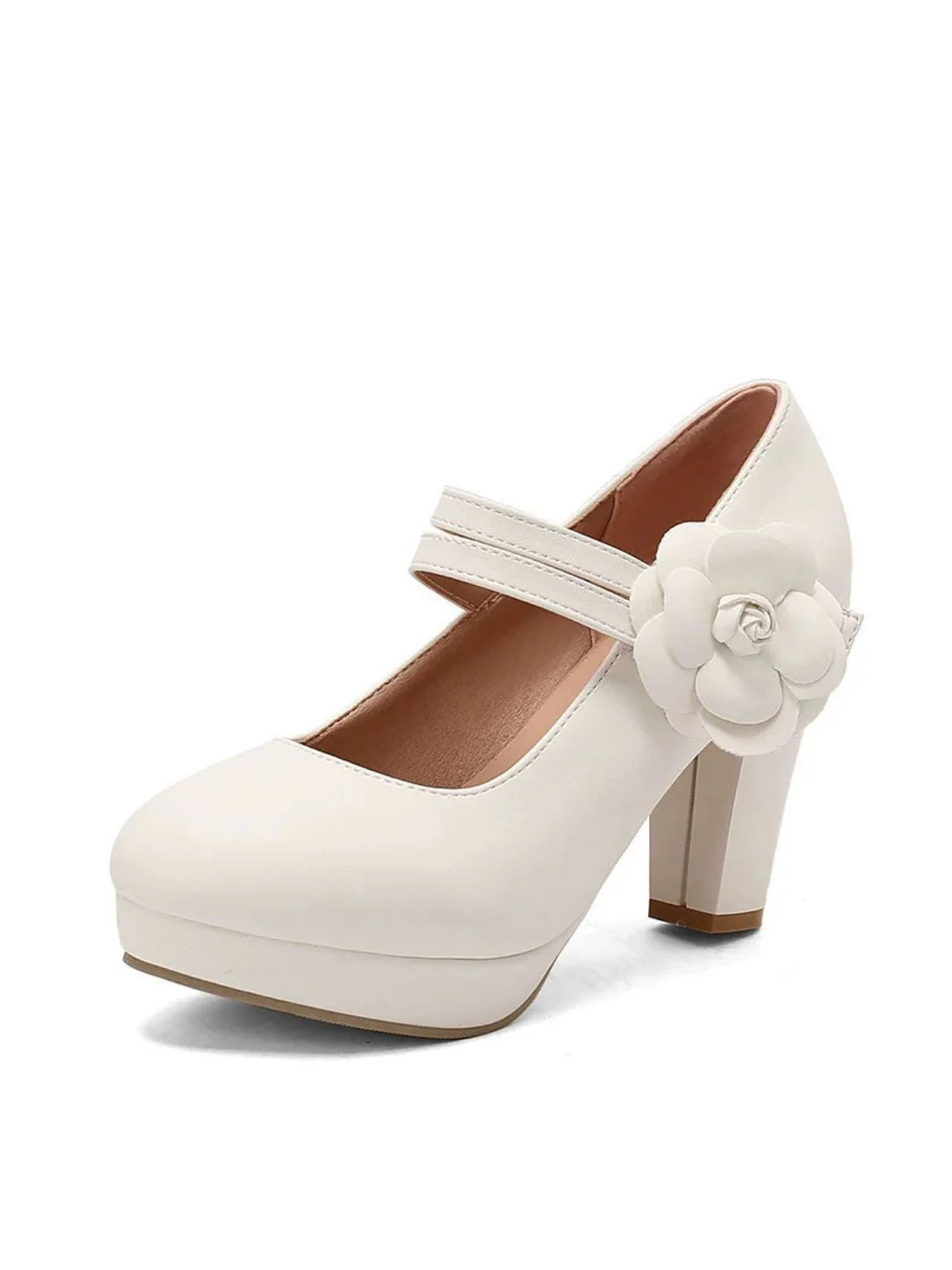 Round Toe Chunky Heel Flower Mary Jane Heels - Image 8
