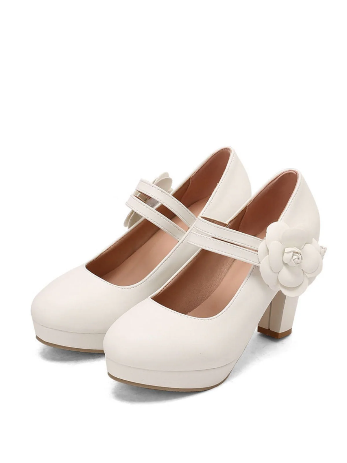 Round Toe Chunky Heel Flower Mary Jane Heels - Image 9