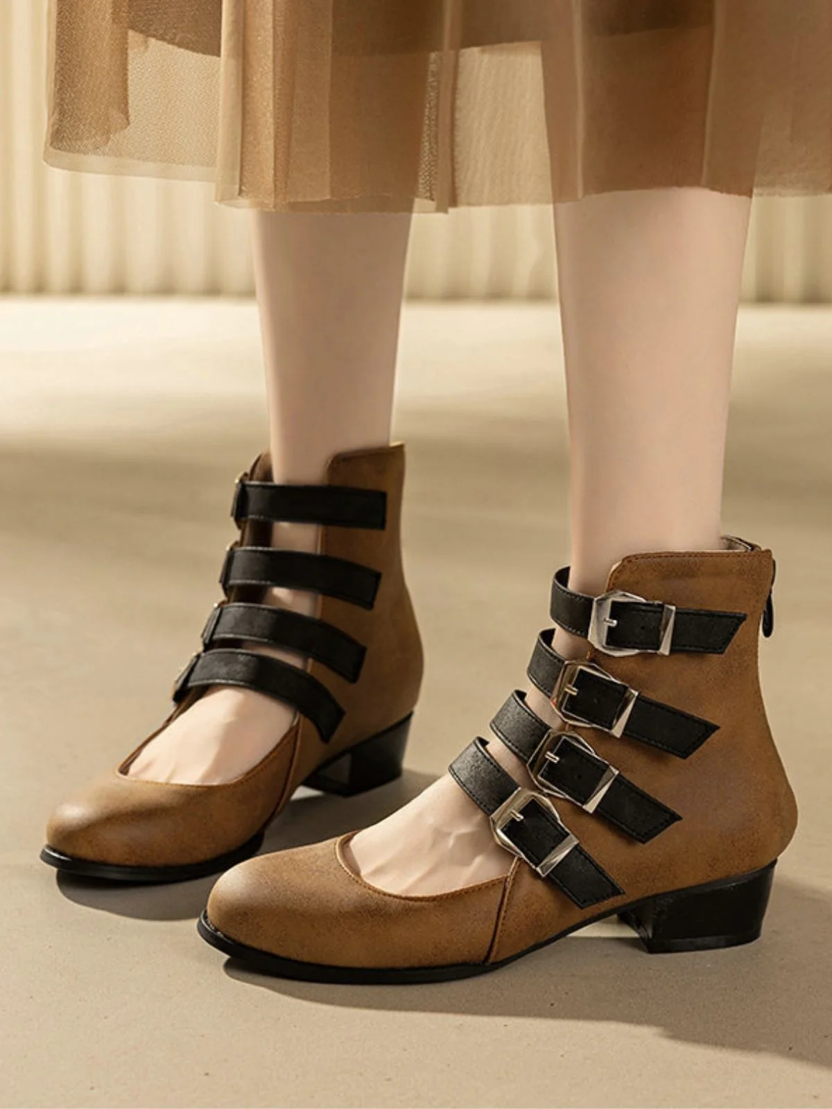 Round Toe Low Chunky Heel Cut-Out Boots - Image 13
