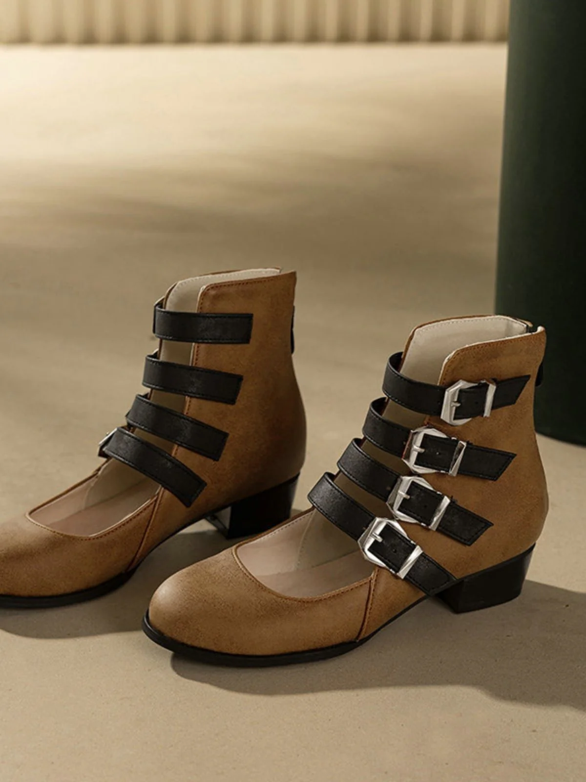 Round Toe Low Chunky Heel Cut-Out Boots - Image 14