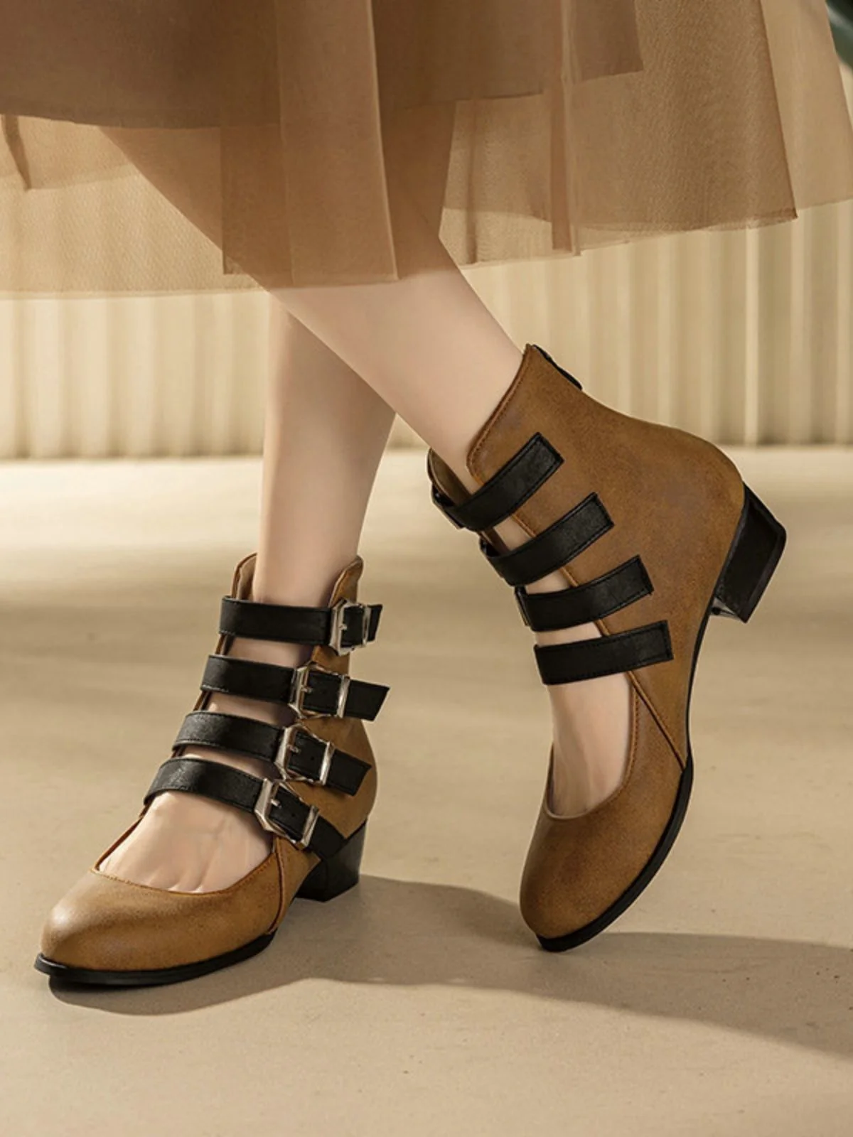 Round Toe Low Chunky Heel Cut-Out Boots - Image 15