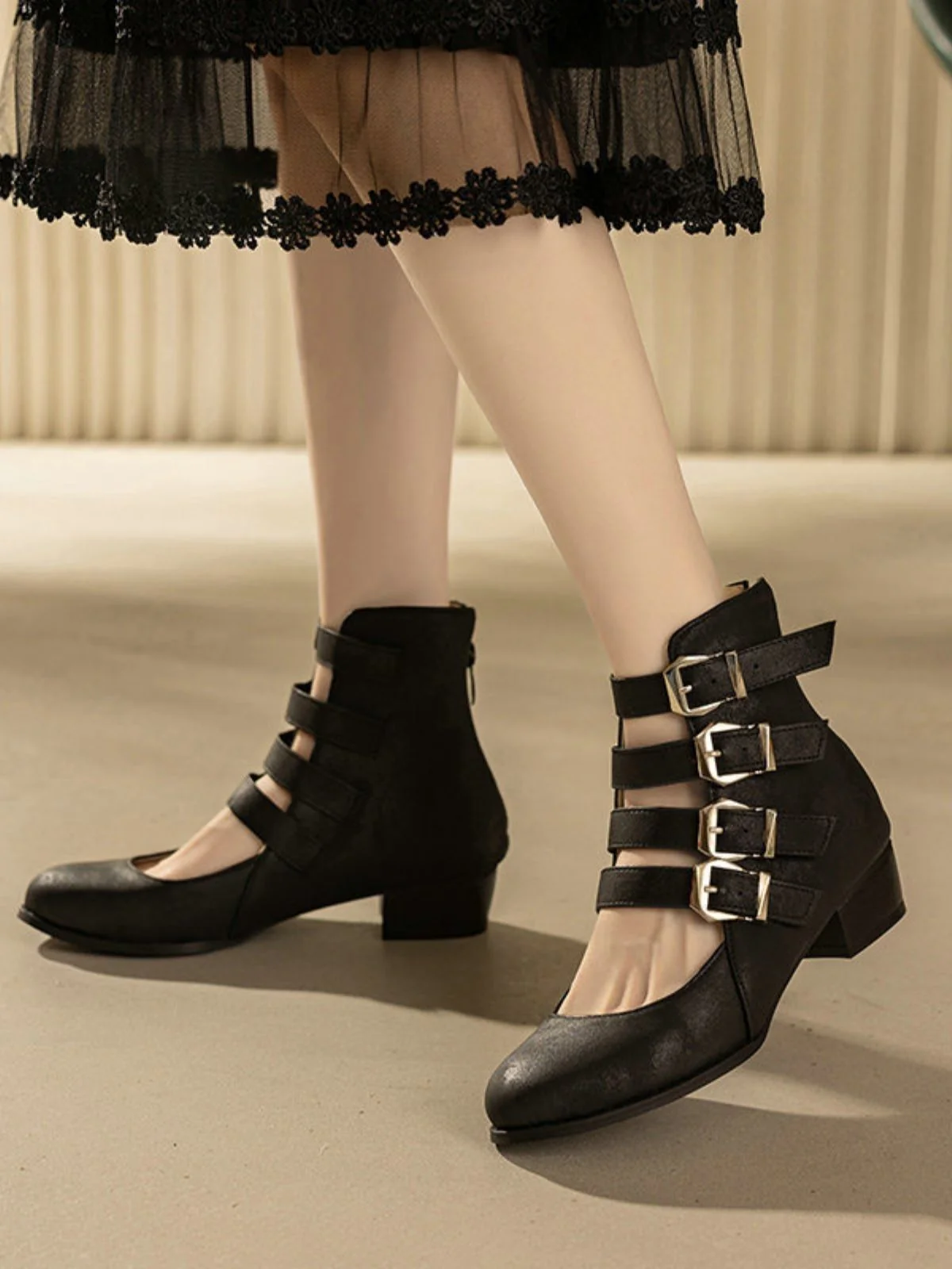 Round Toe Low Chunky Heel Cut-Out Boots - Image 3